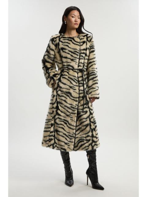 KAREN MILLEN Faux Fur Zebra Collarless Tie Belted Midi Coat