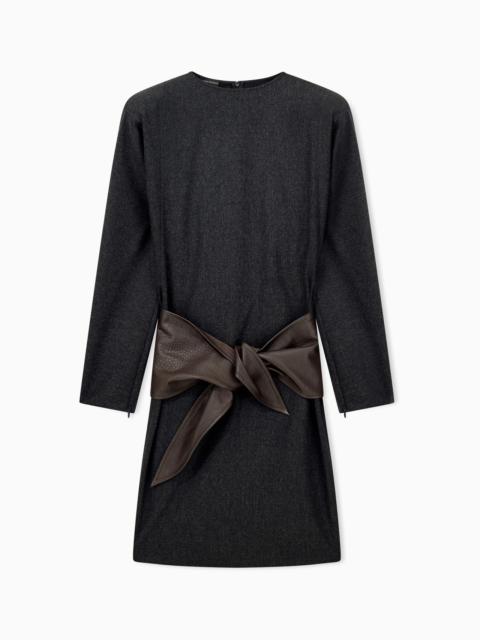 EMPORIO ARMANI WOOL CASHMERE FLANNEL DRESS WITH TEXTURED WAIST BOW