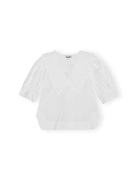 WHITE COTTON POPLIN V-NECK RUFFLE BLOUSE