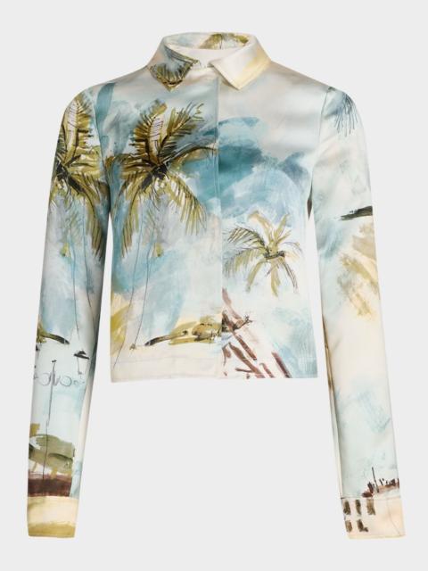 Oscar de la Renta Landscape-Print Satin Single-Breasted Jacket