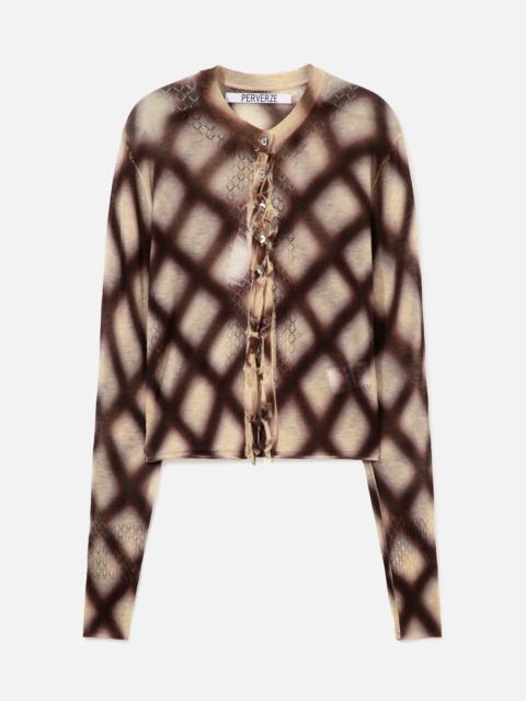 PERVERZE SPRAY-PAINTED CHECK KNIT CARDIGAN