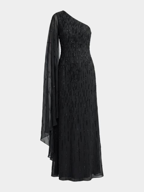 MAC DUGGAL Beaded Mesh One-Sleeve Column Gown