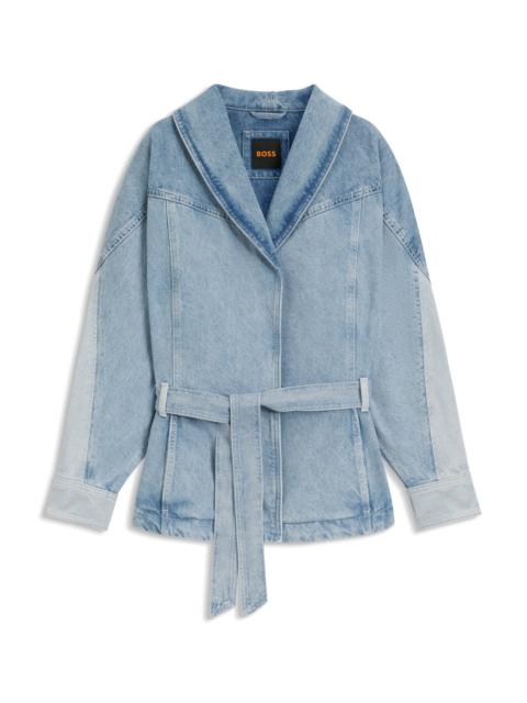 BOSS PEPLUM-HEM JACKET IN BLUE RIGID DENIM WITH BELT