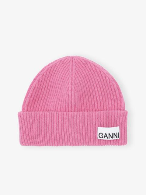GANNI PINK FITTED WOOL RIB KNIT BEANIE