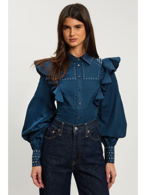 KAREN MILLEN Petite Cotton Sateen Drama Sleeve Studded Woven Maxi Shirt