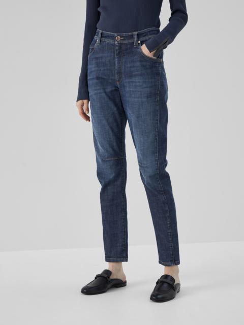 Comfort denim slim tapered trousers with shiny bartack