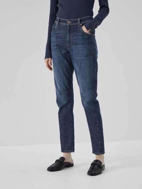 Brunello Cucinelli Comfort denim slim tapered trousers with shiny bartack