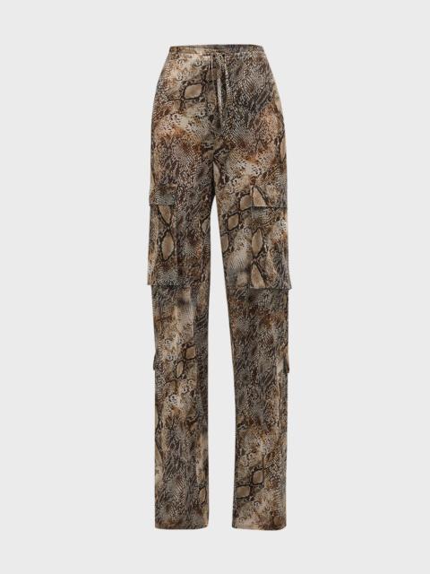 Mid-Rise Snakeskin-Print Mesh Straight-Leg Drawstring Cargo Pants