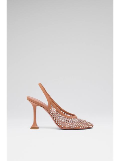 Amina Muaddi DOLLY NET SLING 95 LATTE NAPPA AND WHITE CRYSTALS