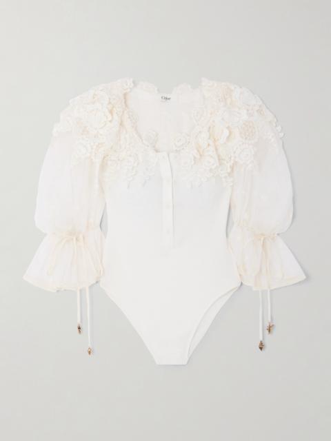 Chloé Embellished Lace-trimmed Cotton Bodysuit