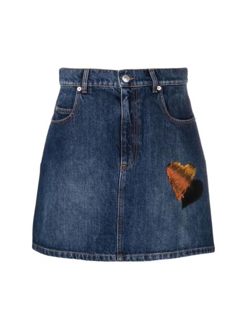 heart-appliqué denim miniskirt