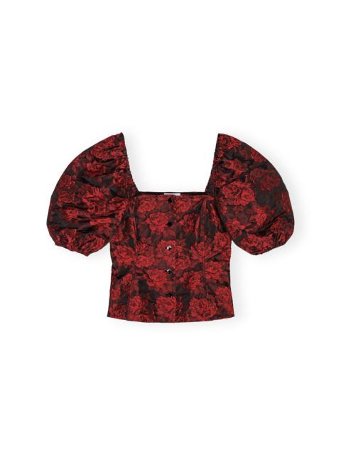 RED BOTANICAL JACQUARD FITTED BLOUSE