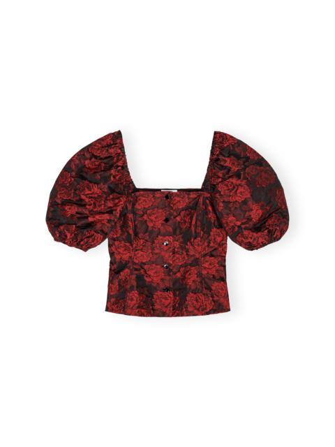 GANNI RED BOTANICAL JACQUARD FITTED BLOUSE