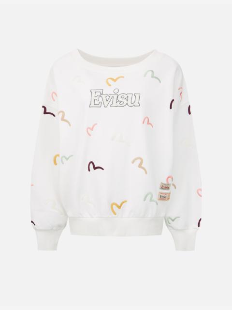 EVISU ALLOVER MULTI-COLOR SEAGULL EMBROIDERY SWEATSHIRT