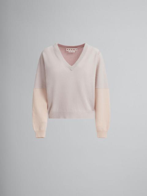 PEACH PINK WOOL AND CASHMERE COLOR BLOCK V-NECK SWEATER