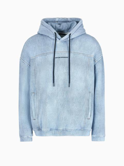 Hooded sweatshirt in denim-look printed jersey