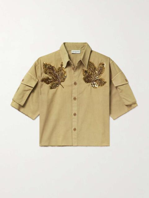 Embellished Cropped Frayed Cotton-Gabardine Shirt
