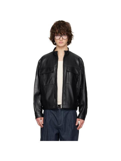 SOLID HOMME Black High-Neck Two-Pocket Leather Jacket