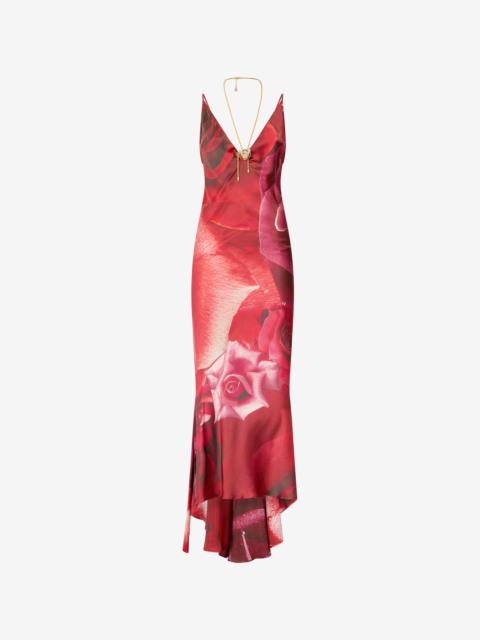 Roberto Cavalli Long Dress With Rose Print And Bejeweled Tiger