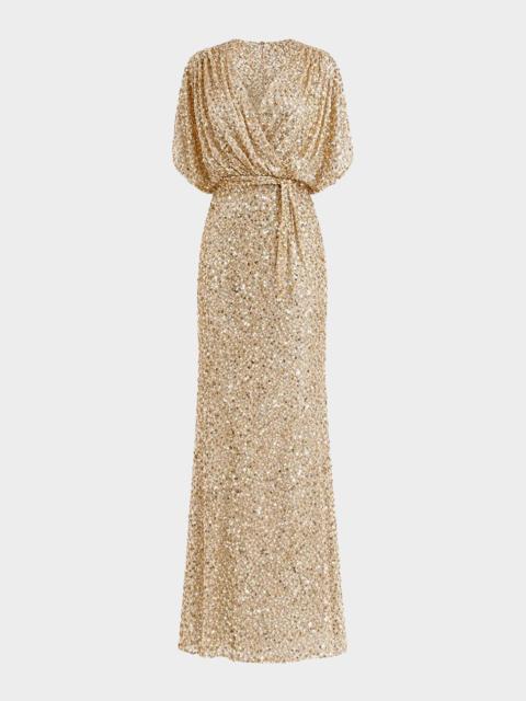 MAC DUGGAL Sequined Draped-Sleeve Gown