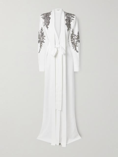 ZUHAIR MURAD Belted Tie-neck Embellished Crepe Gown