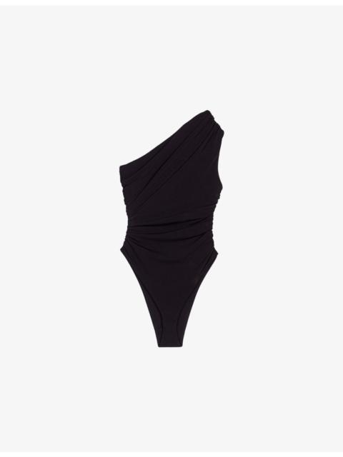 maje Asymmetric-Neck Stretch-Woven Bodysuit