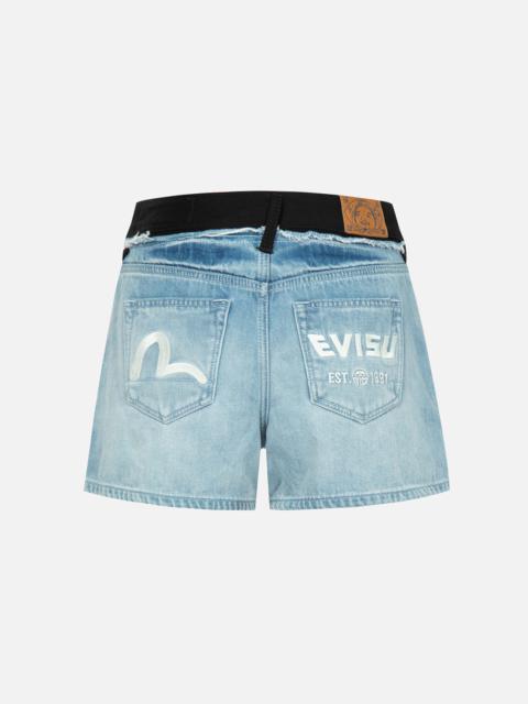 EVISU SEAGULL AND LOGO EMBROIDERY RECONSTRUCTED DENIM SHORTS