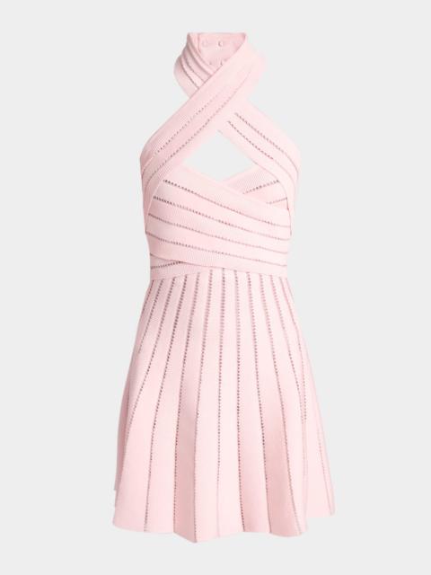 Balmain Crisscross Halter Pleated Knit Mini Dress