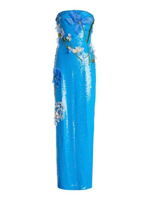 Monique Lhuillier Strapless Embroidered Sequin Gown blue