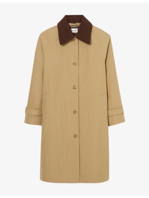 Claudie Pierlot Corduroy-Collar Longline Cotton-Blend Trench Coat