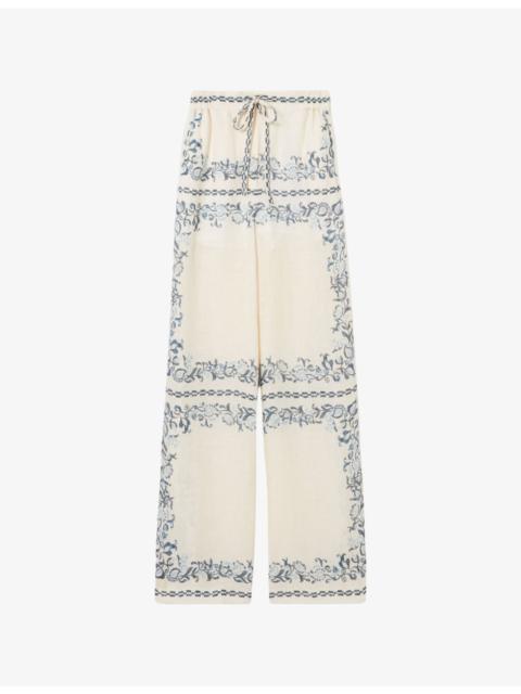 Claudie Pierlot Flowy Floral-Print Linen Trousers