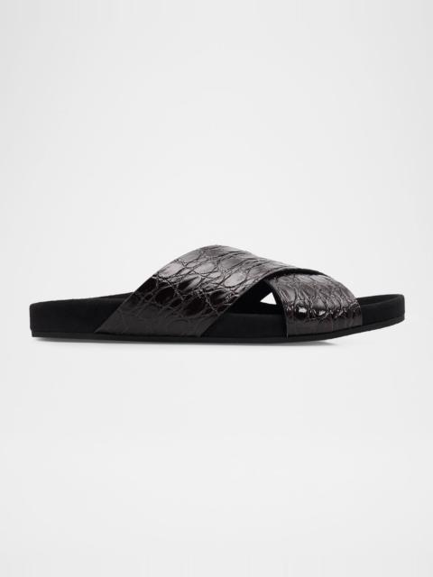Giuseppe Zanotti Men's Ryan 10 Croc-Embossed Leather & Suede Slides