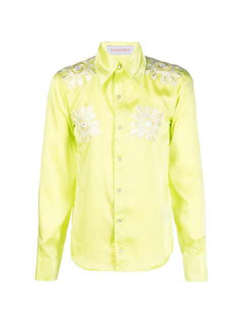 floral-embroidery satin shirt