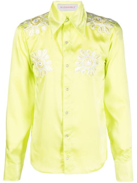 floral-embroidery satin shirt