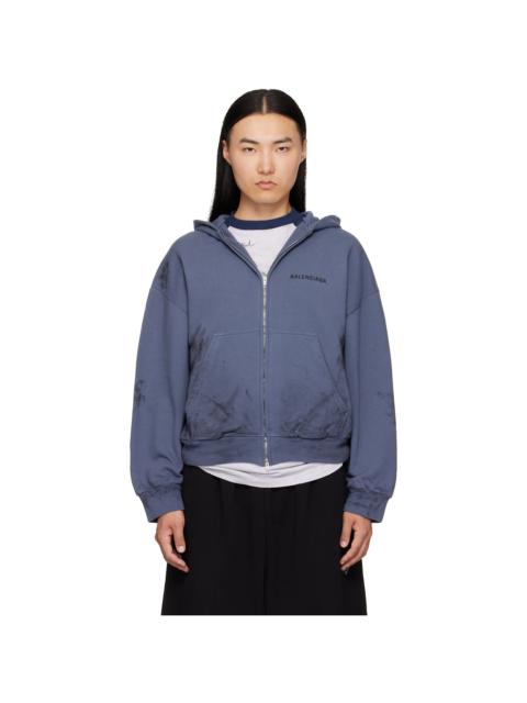 BALENCIAGA Blue Stained Zip-Up Hoodie