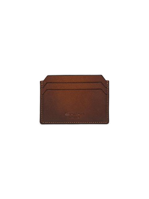 Santoni Brown saffiano leather credit card holder
