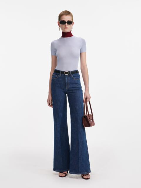 self-portrait Blue Viscose Knit Short Sleeve Top