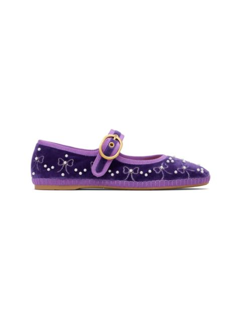Valentino Purple Mary-Jane Endouce Velvet Ballerina Flats