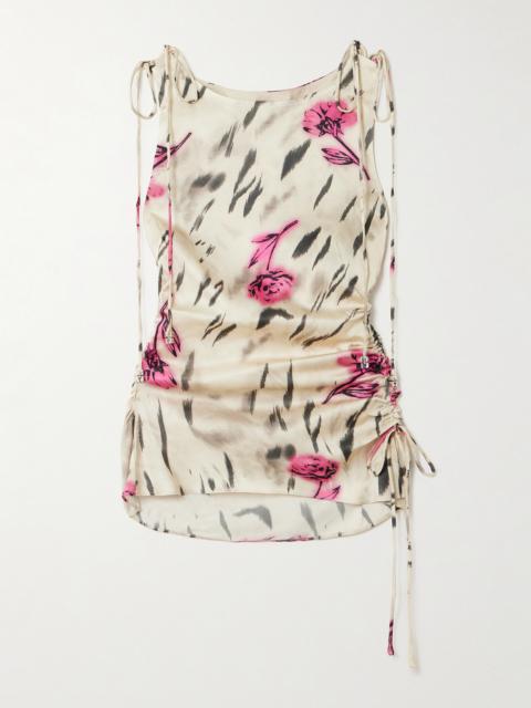 GANNI Tie-detailed Gathered Printed Satin Top