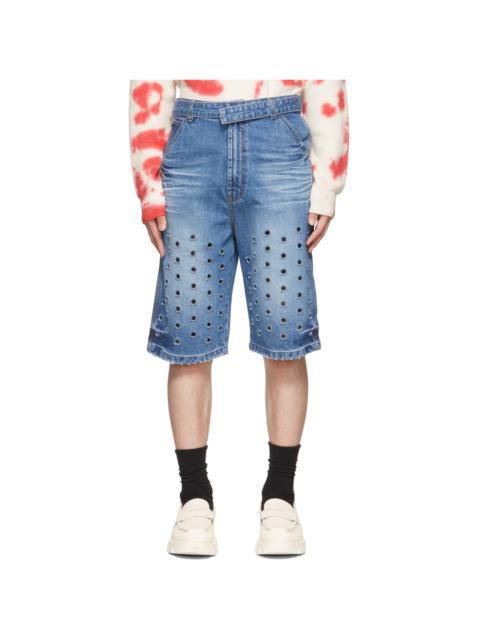 We11done Blue Denim Cut-Out Shorts