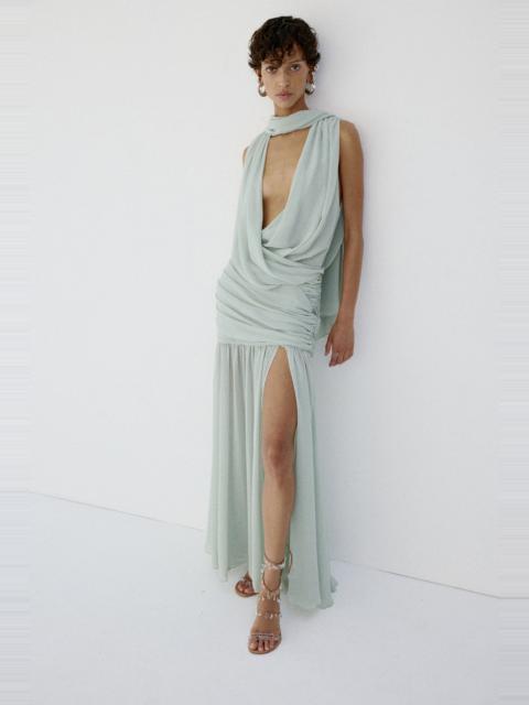 De La Vali AZUL DRAPED NECKLINE DRESS IN ICE GREEN CHIFFON