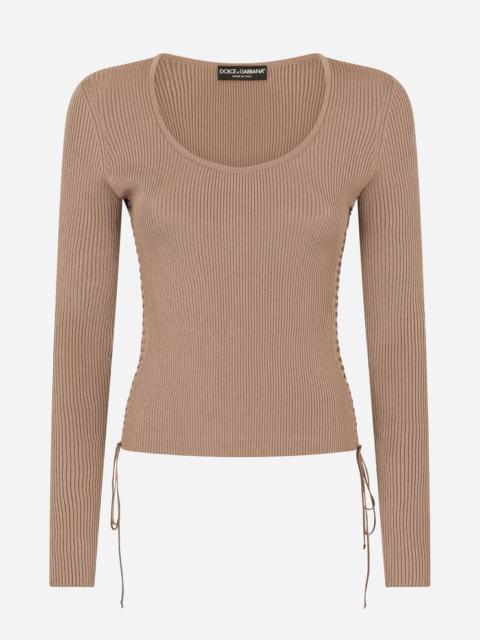 Viscose ribbed sweater with lacing and eyelets