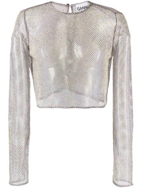 GANNI crystal-embellished cropped mesh blouse