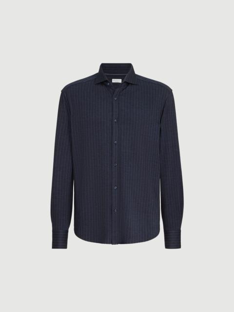 Brunello Cucinelli Virgin wool, silk and cotton chalk stripe piqué shirt with spead collar