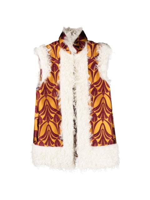 patterned-brocade shearling-trim vest