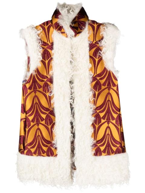 patterned-brocade shearling-trim vest