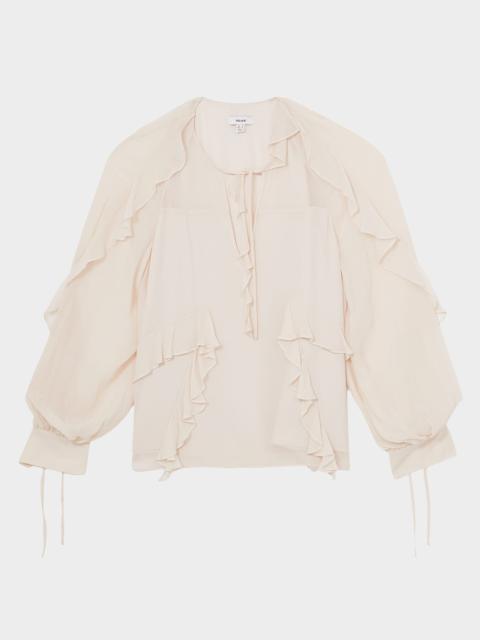 REISS Zaria Blouson-Sleeve Ruffle Top
