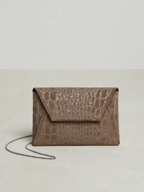 Brunello Cucinelli Crocodile embroidery envelope bag in suede with precious chain