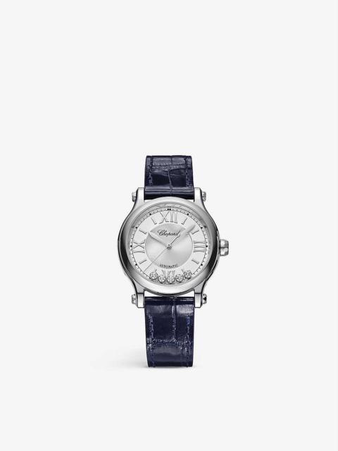 278608-3001 Happy Sport alligator-embossed leather, stainless-steel and 0.25ct diamond self-winding 