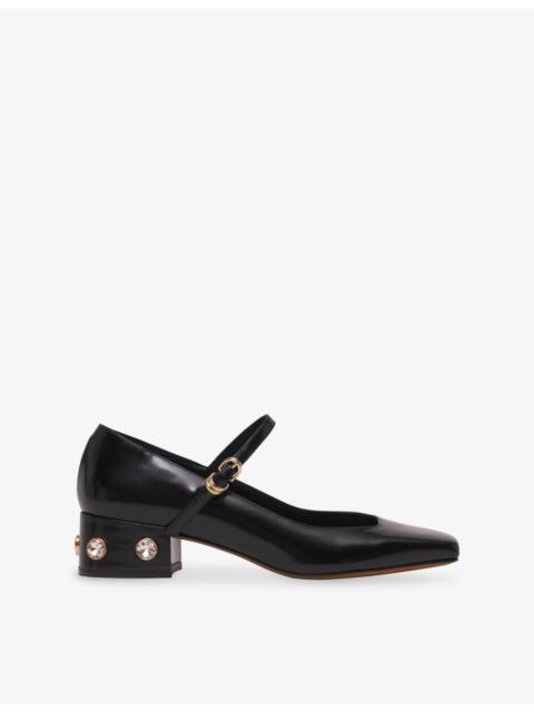 maje Rhinestone-Embellished Heeled Leather Mary-Jane Pumps
